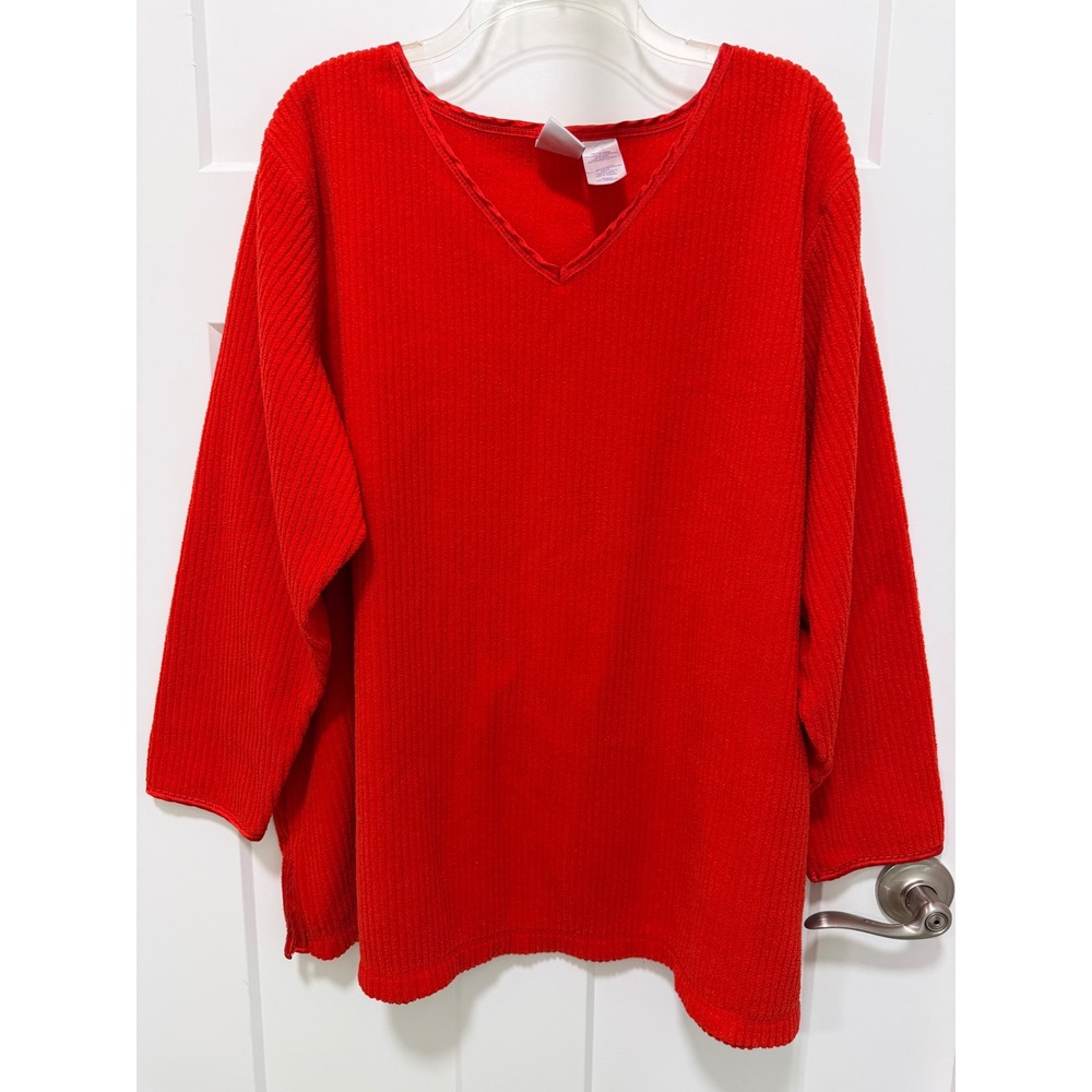 Just My Size Womens Red Ribbed V-Neck Long Sleeve Pullover Top 22W 24W